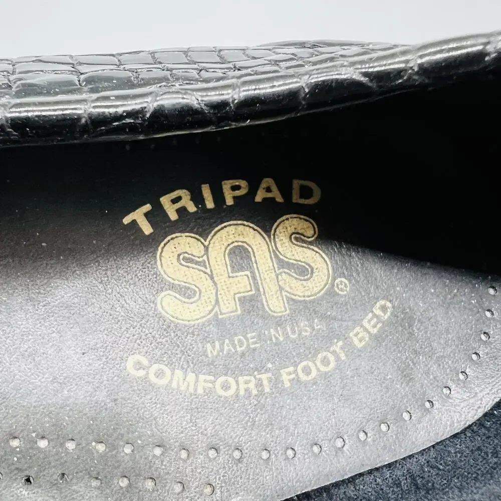 SAS Shoes Womens 7.5 Black Leather Croc Print Tripad Comfort Loafers Slip On
